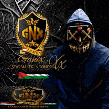 a gnx family logo with a person wearing a mask in the background