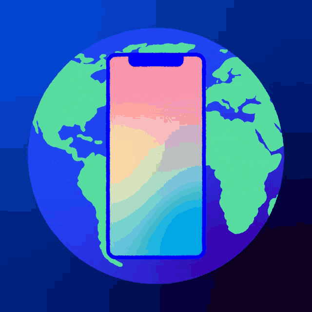 an illustration of a cell phone surrounded by a globe on a blue background