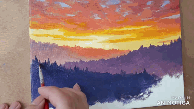 a painting of a sunset with the words made in animatica on the bottom