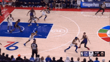 a basketball game is being played on a court that has a league pass sign on it