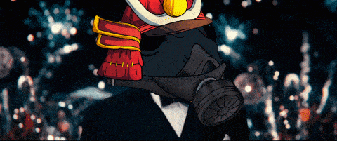 a cartoon of a man wearing a gas mask and a samurai helmet