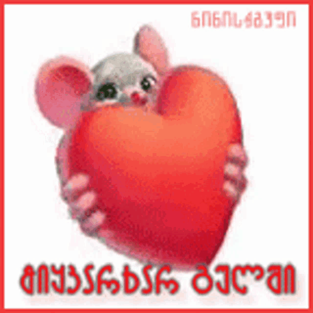 a mouse is holding a red heart in its paws