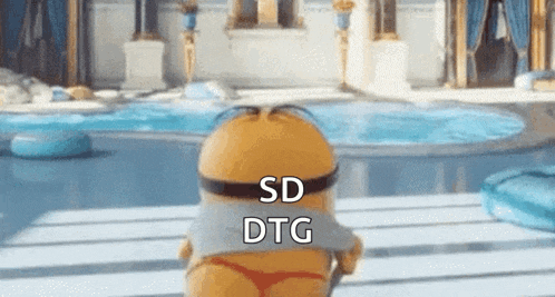 a minion is standing in front of a pool with the words sd dtg on the bottom