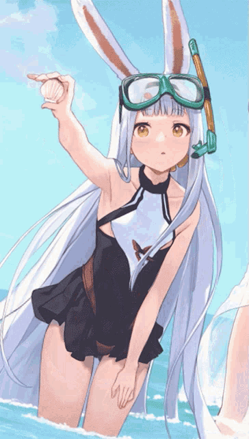 a girl with long white hair and bunny ears is wearing goggles and a swimsuit
