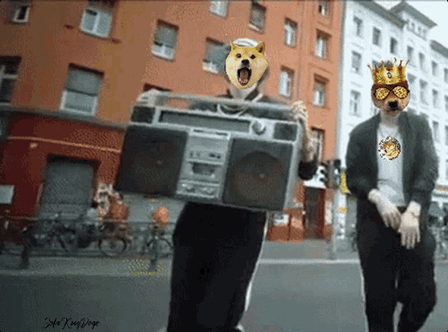 a man carrying a boombox with a doge face on his head