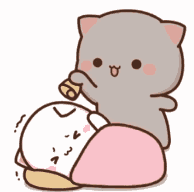 a cartoon cat is sitting on a pink pillow and eating a piece of cheese .