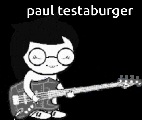 a cartoon character playing a guitar with the name paul testaburger written above him