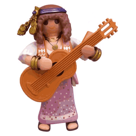 a toy figure of a woman playing a guitar with music notes behind her