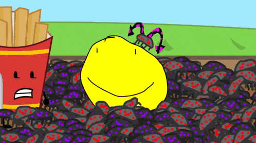 a cartoon drawing of a french fries container and a yellow monster