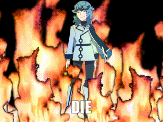 a cartoon character is standing in front of a fire and the word die is on the bottom right