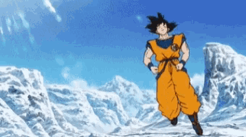 a cartoon character named goku is running through a snowy area