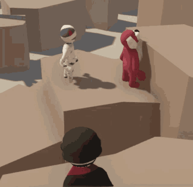a cartoon character with a helmet on is standing next to a red bear