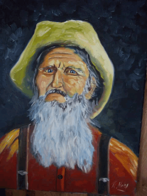 a painting of a man with a beard and suspenders has the name k. noel on it