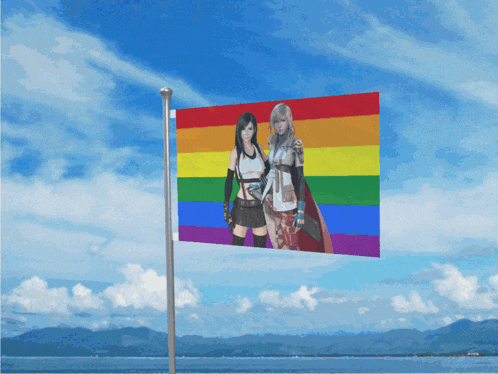 a rainbow flag with two female characters on it