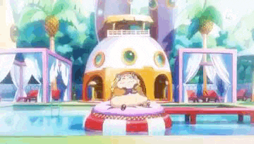 a cartoon character is sitting on a raft in a pool .