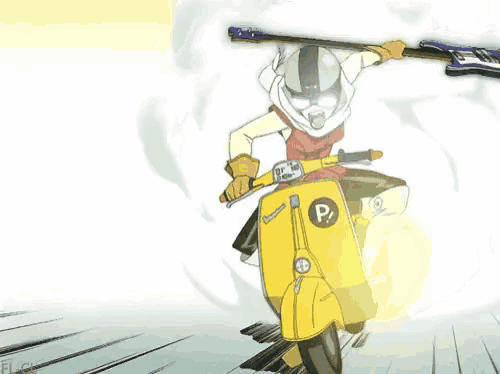 a person is riding a yellow scooter with the letter p on the side