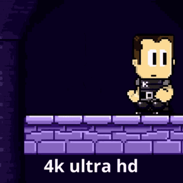 a pixel art of a man holding a cell phone with the words 4k ultra hd below him