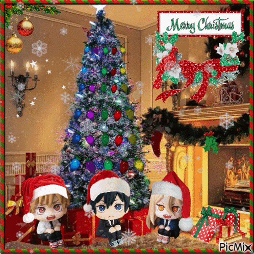 a merry christmas card with a christmas tree and gifts