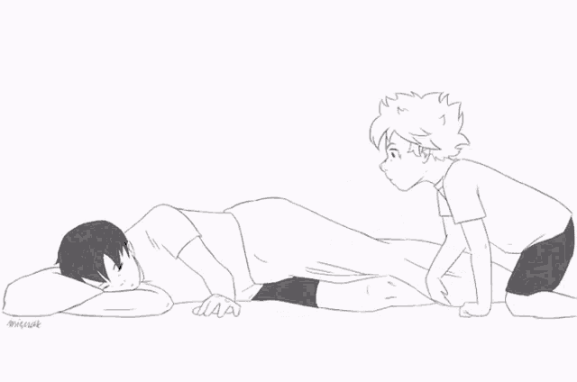 a black and white drawing of a boy laying on a bed next to a sleeping boy .
