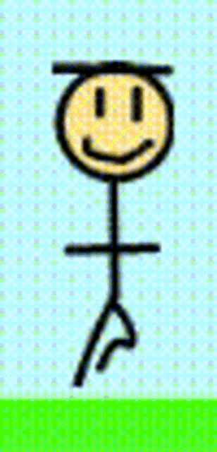 a stick figure with a smiley face on its face is standing on a green field .