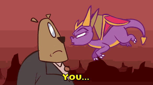 a cartoon of a bear and a purple dragon with the words " you " on the bottom right