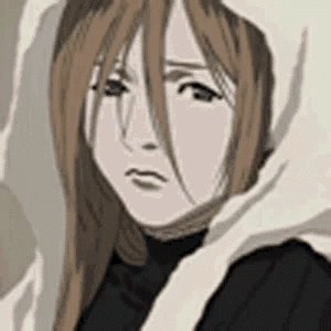a close up of a cartoon character with long hair and a scarf around her neck .