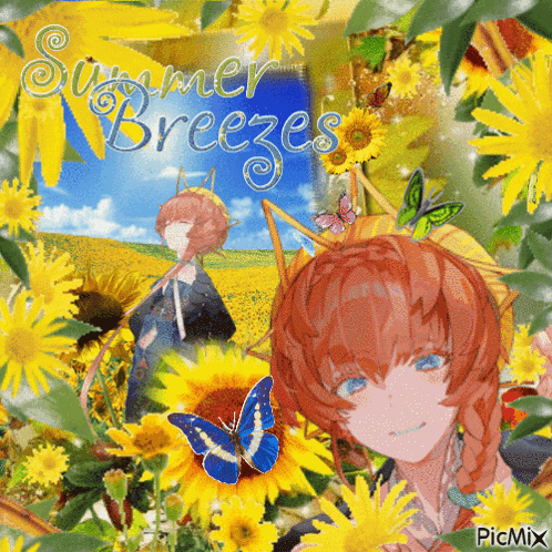 a picture of a girl in a field of sunflowers with the words summer breezes written on it