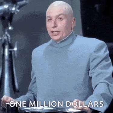 a bald man in a blue suit is holding a tray of money .