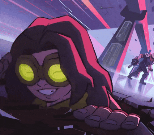 a cartoon character with yellow eyes and a red hood is smiling