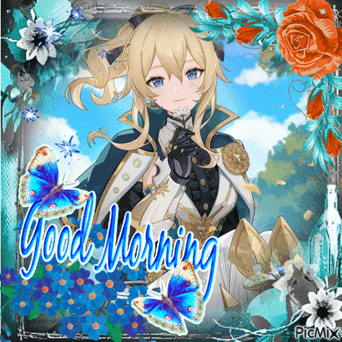 a picture of a girl with butterflies and the words good morning on it