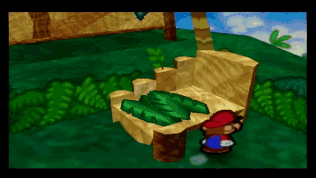 a video game character standing next to a wooden chair with leaves on it