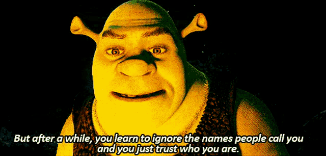 shrek says " but after a while you learn to ignore the names people call you and you just trust who you are .. "