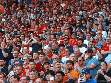 a crowd of people in a stadium with one man wearing a red shirt that says ' fc ' on it