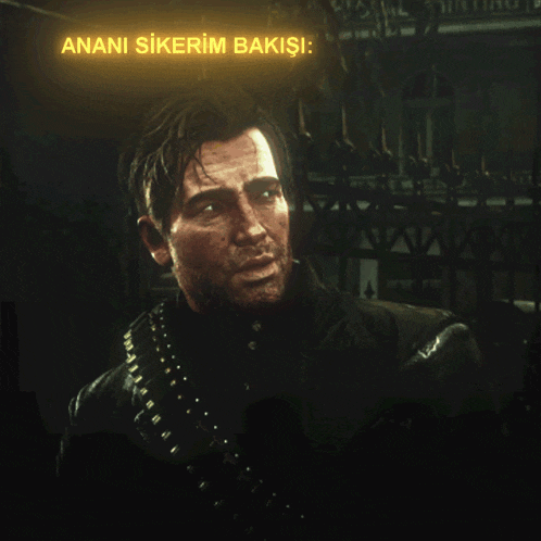 a man in a black jacket stands in front of a sign that says " anana sikerim bakişi "