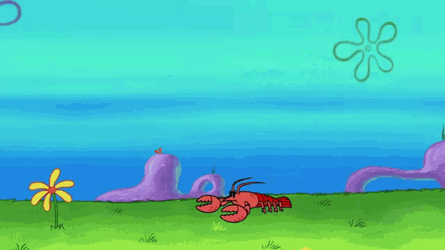a cartoon lobster is standing in a field with a flower in the background