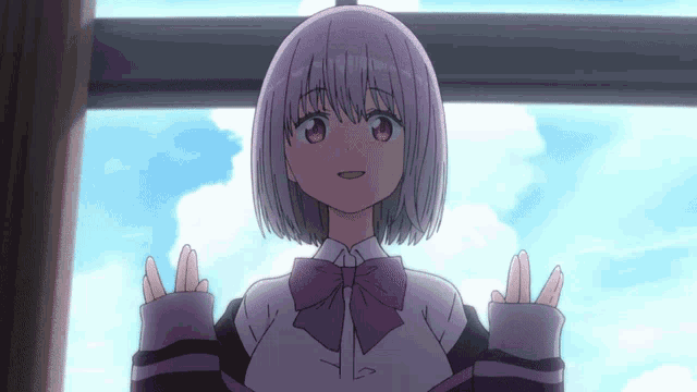 a cartoon girl with purple hair and a purple bow tie