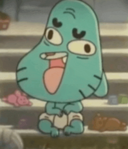 a baby gumball from the amazing world of gumball is sitting on a shelf with his tongue out .