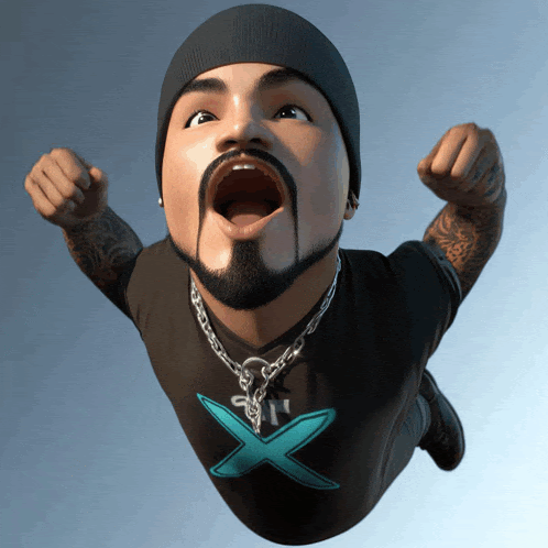 a man with a beard is flying through the air wearing a shirt with an x on it