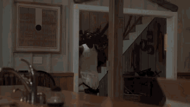 a man wearing a white tank top is standing in a kitchen .
