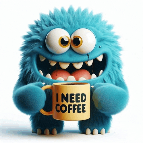a blue monster is holding a cup of coffee that says i need coffee