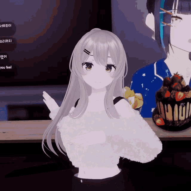 a 3d anime girl stands in front of a cake with strawberries on it