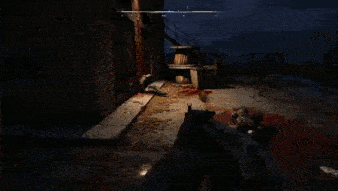 a person holding a gun in front of a bloody wall