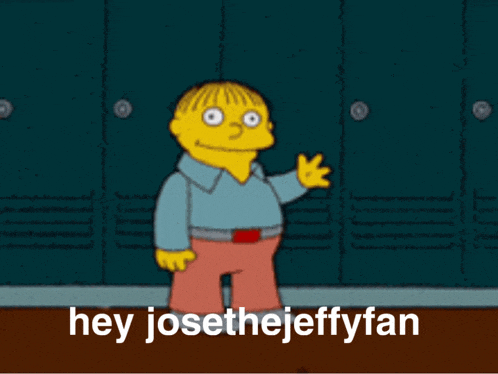 a cartoon character says hey josethejeffyfan while standing in front of lockers