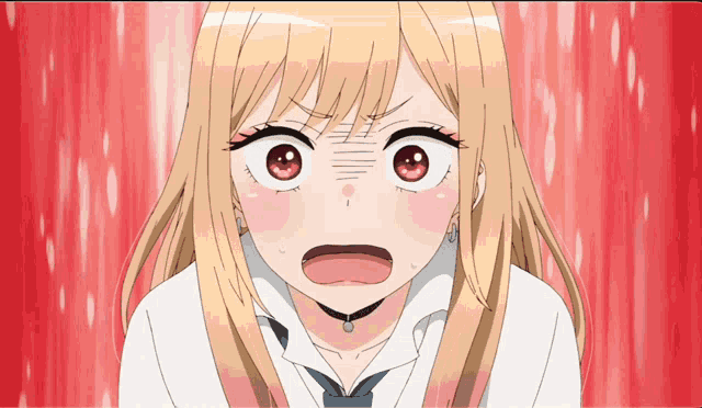 a girl with blonde hair and red eyes has a choker around her neck
