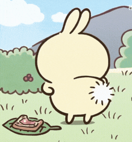 a cartoon rabbit is standing in a grassy field