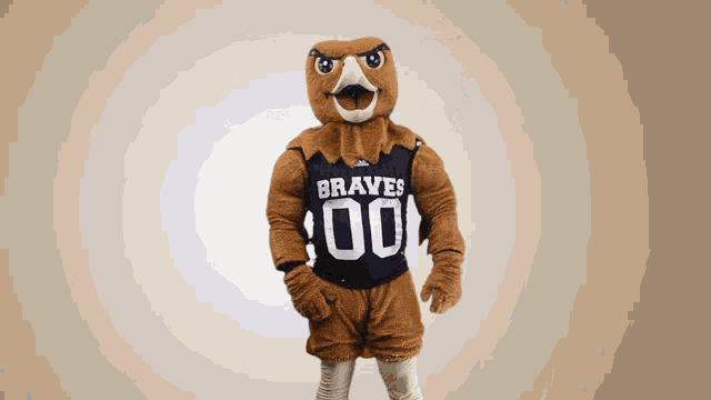 a mascot for the braves is wearing a black jersey with the number 00 on it