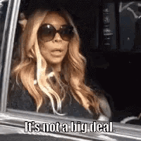 a woman wearing sunglasses is sitting in a car and says `` it 's not a big deal . ''