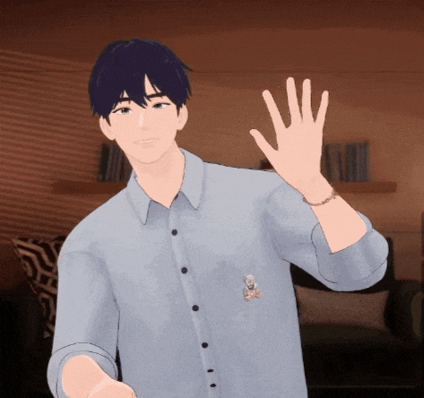 a man in a blue shirt waves his hand