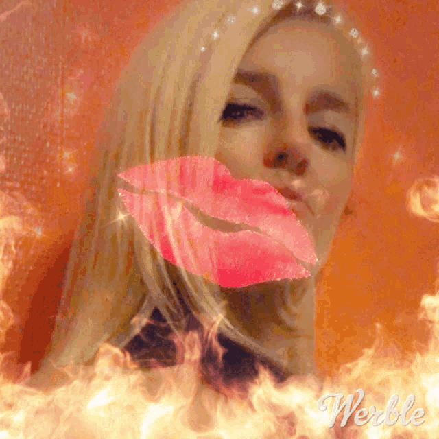 a woman blowing a kiss with the word weddle in the lower right corner