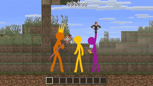 a screenshot of a minecraft game shows three stick figures and the time of 00:00:25